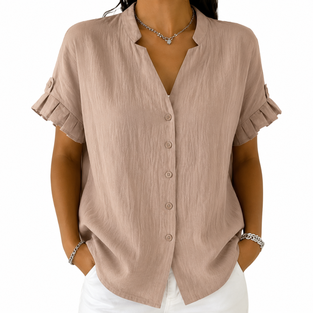 Notch Neck Ruffle Short Sleeve Button Front Blouse