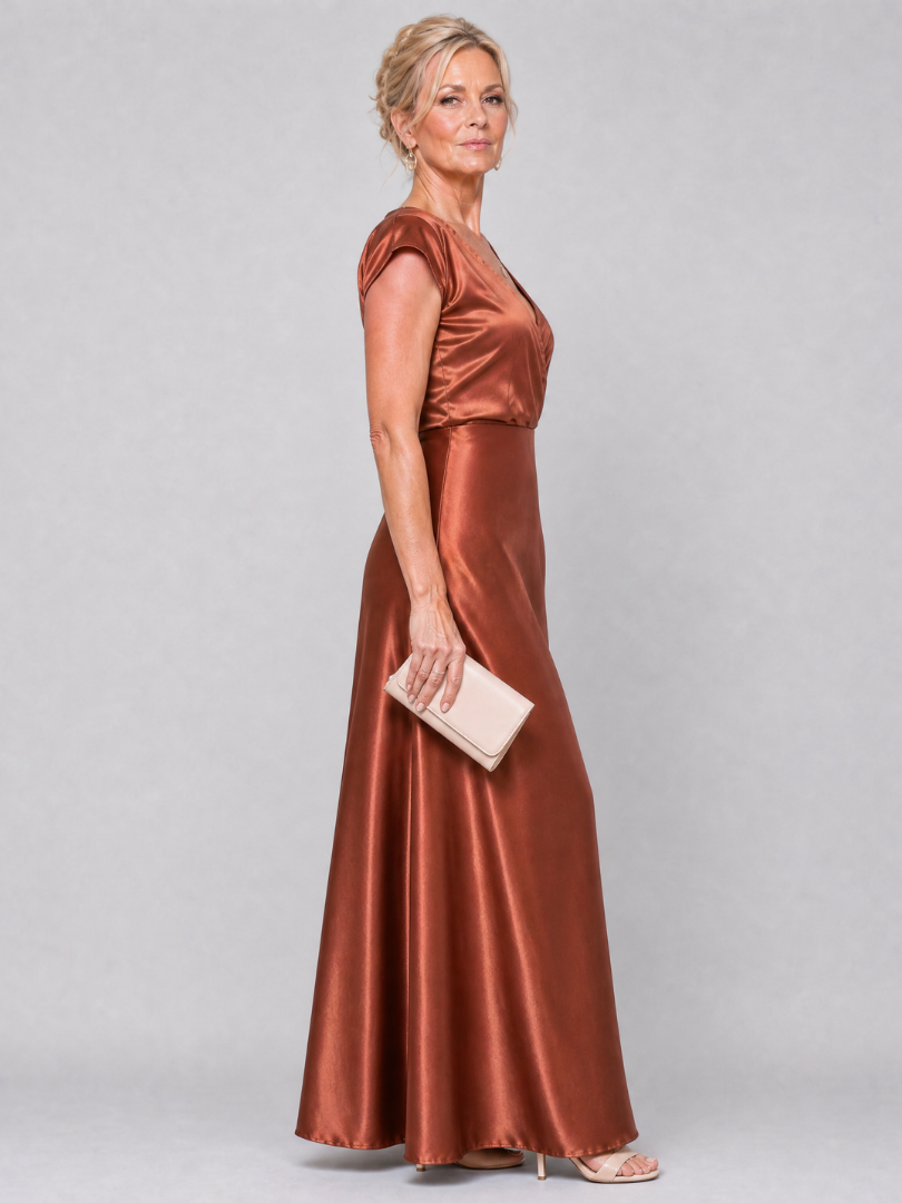 Surplice V-Neck Cap Sleeve Satin Maxi Gown