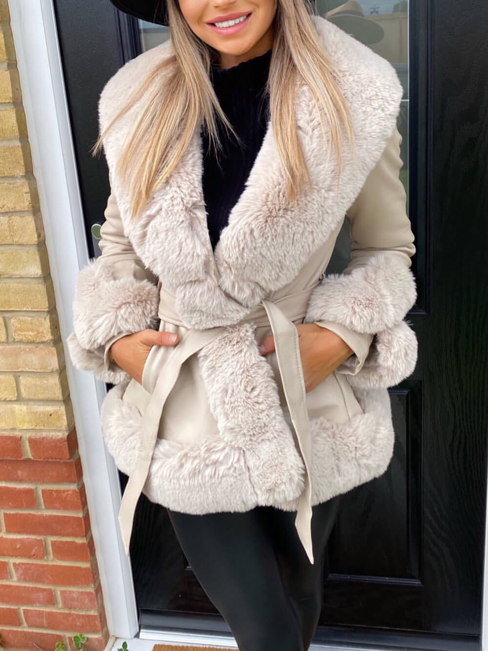 Faux Fur Trim Belted Faux Leather Peplum Jacket
