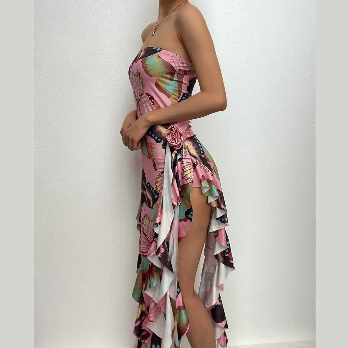 Butterfly Print Strapless Rosette Applique Ruffle High Split Maxi Dress 10