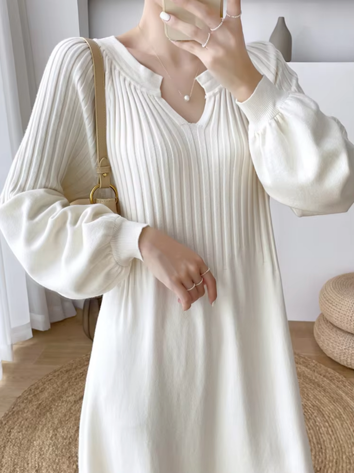 Notched V-Neck Lantern Sleeve Ribbed Knit A-Line Maxi Sweater Dress 3