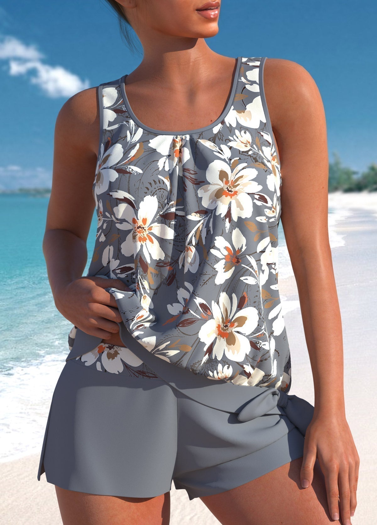 Leaf Print Blouson Tankini Top and Shorts Swimsuit Set