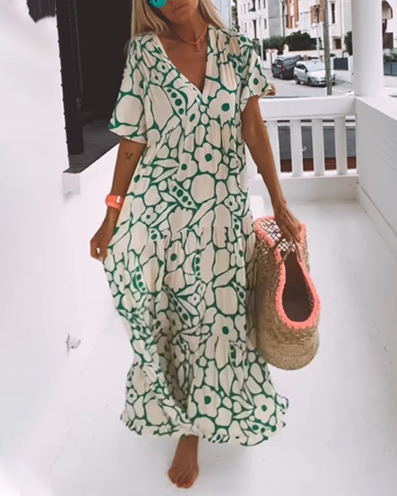 Yoselin Boutique Loose Fitting V Neck Dress with Print Chic Silhouette Collection