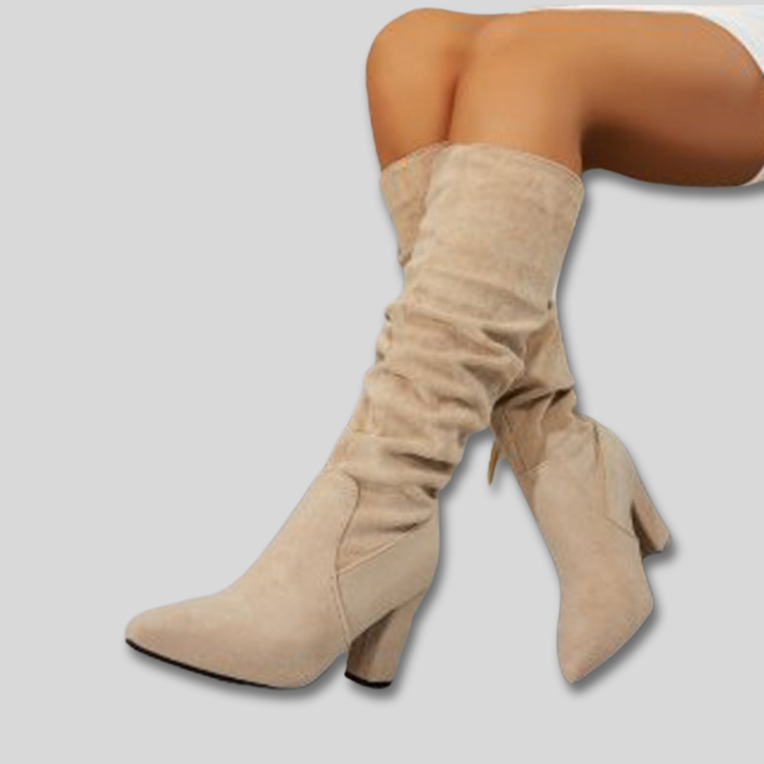 Pointed Toe Suede Look Slouch Block Heel Knee High Boots