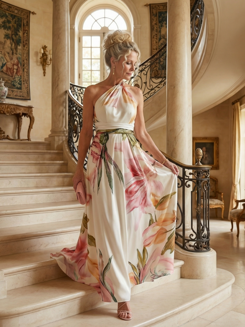 Floral Print One Shoulder Satin Maxi Dress