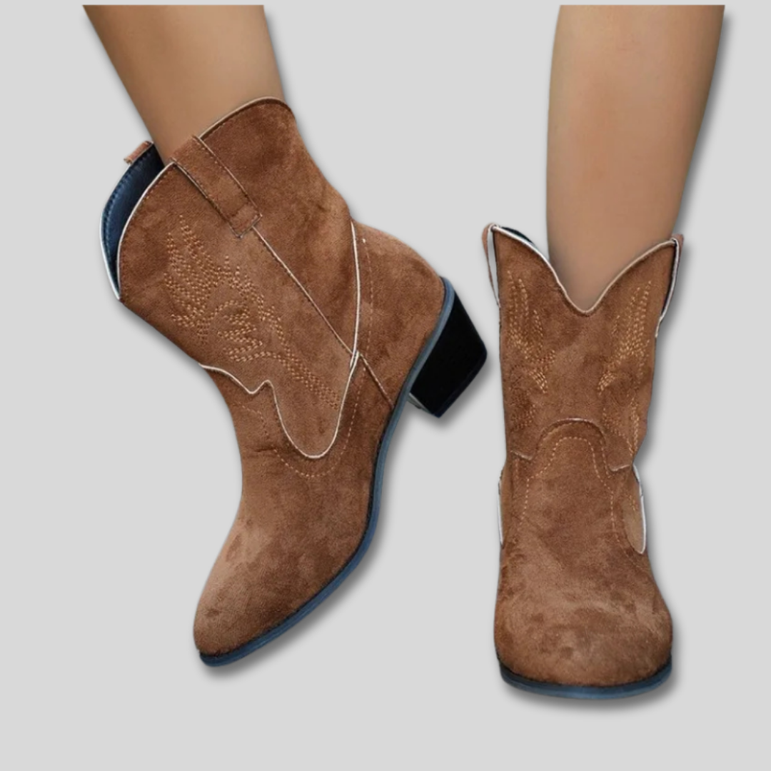 Embroidered Pointed Toe Suede Look Block Heel Western Ankle Boots