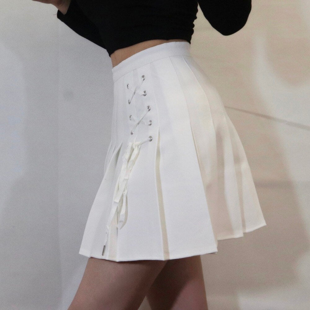 Front Lace Tie Pleated Mini Skirts