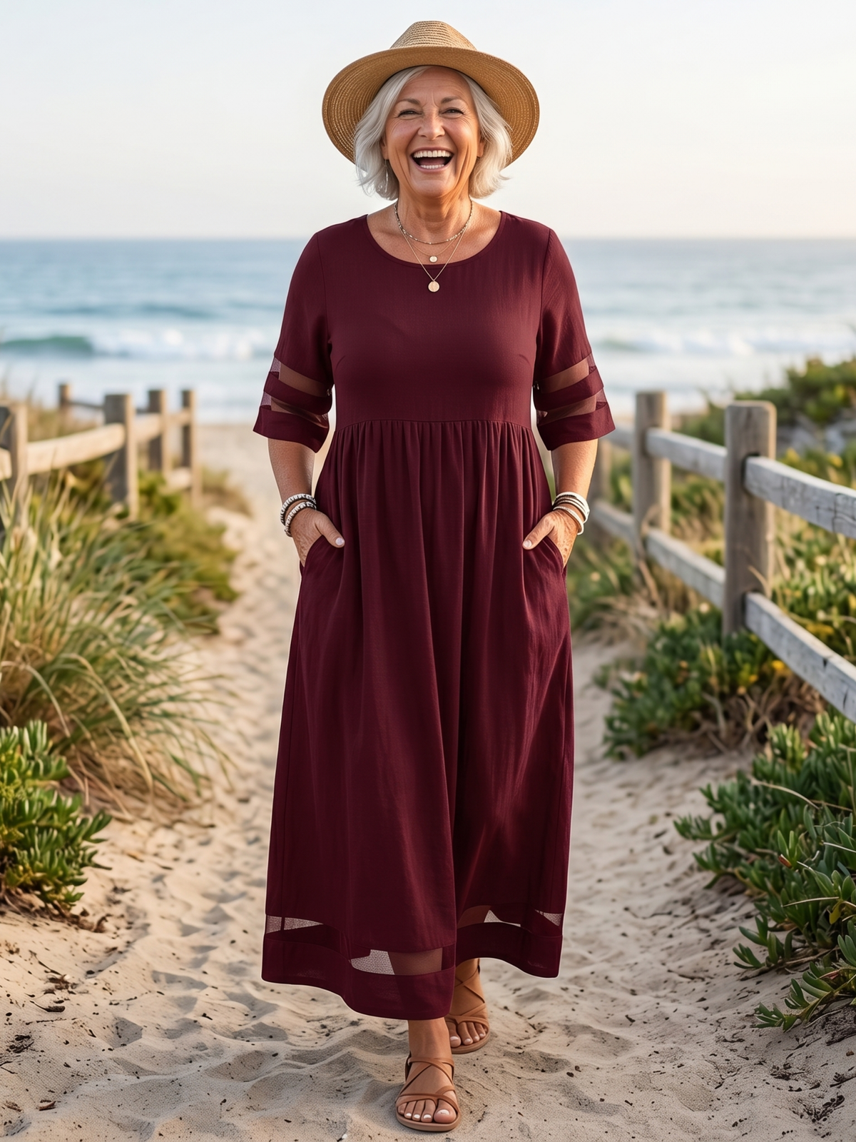 Round Neck Half Sleeve Mesh Panel Gathered Waist Midi Dress