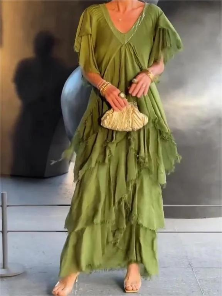 V-Neck Flutter Sleeve Tiered Ruffle Maxi Dress