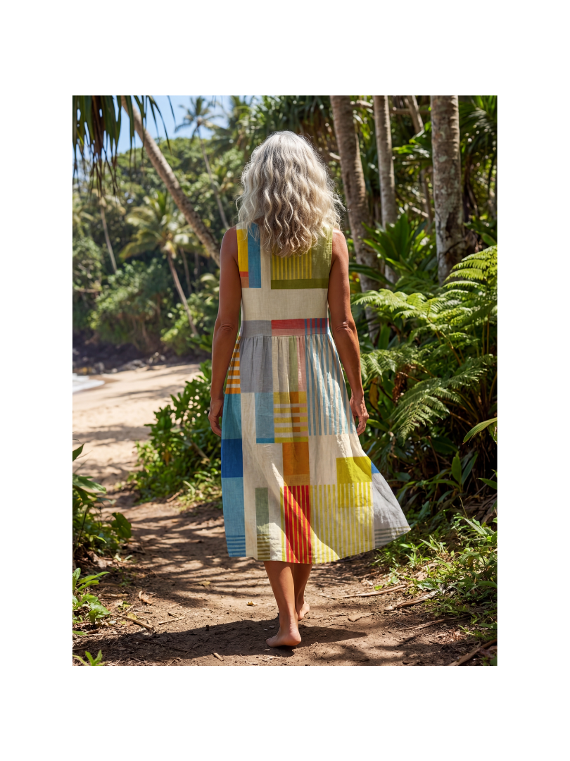 Patchwork Stripe Sleeveless Tiered Midi Dress