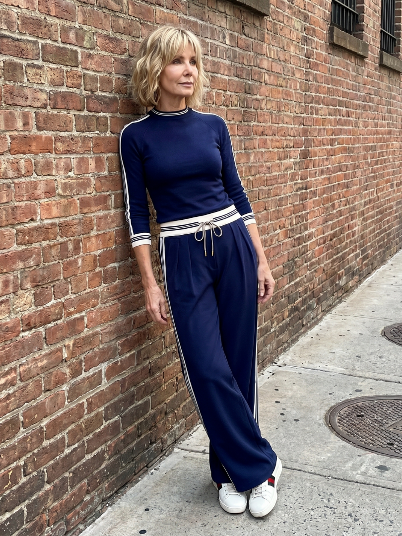 Mock Neck Long Sleeve Top and Side Stripe Wide Leg Pants Two Piece Set
