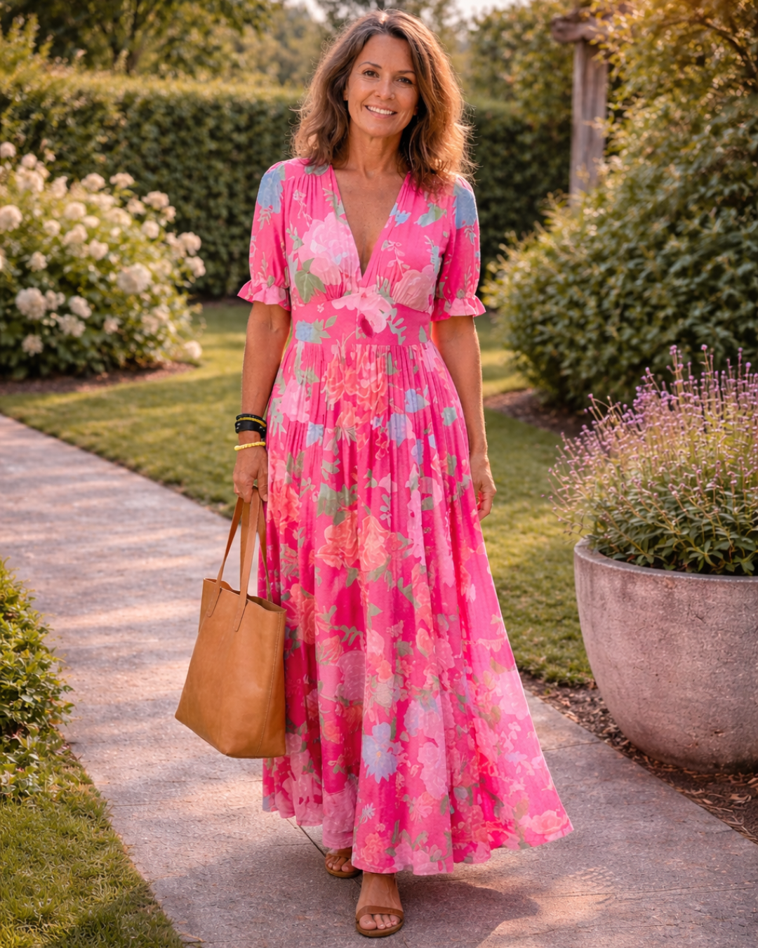 Floral Deep V-Neck Puff Sleeve Tiered Maxi Dress