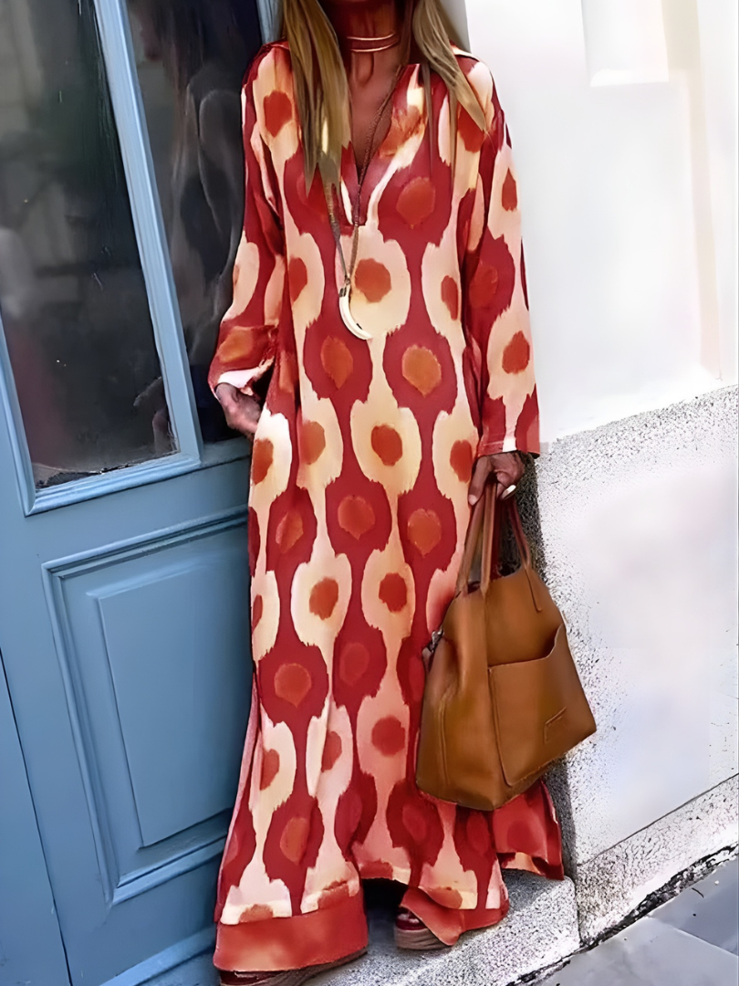 Ikat Print Long Sleeve Split Neck Maxi Dress