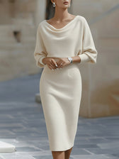 Knit Cowl Neck Batwing Long Sleeve Bodycon Midi Dress 2