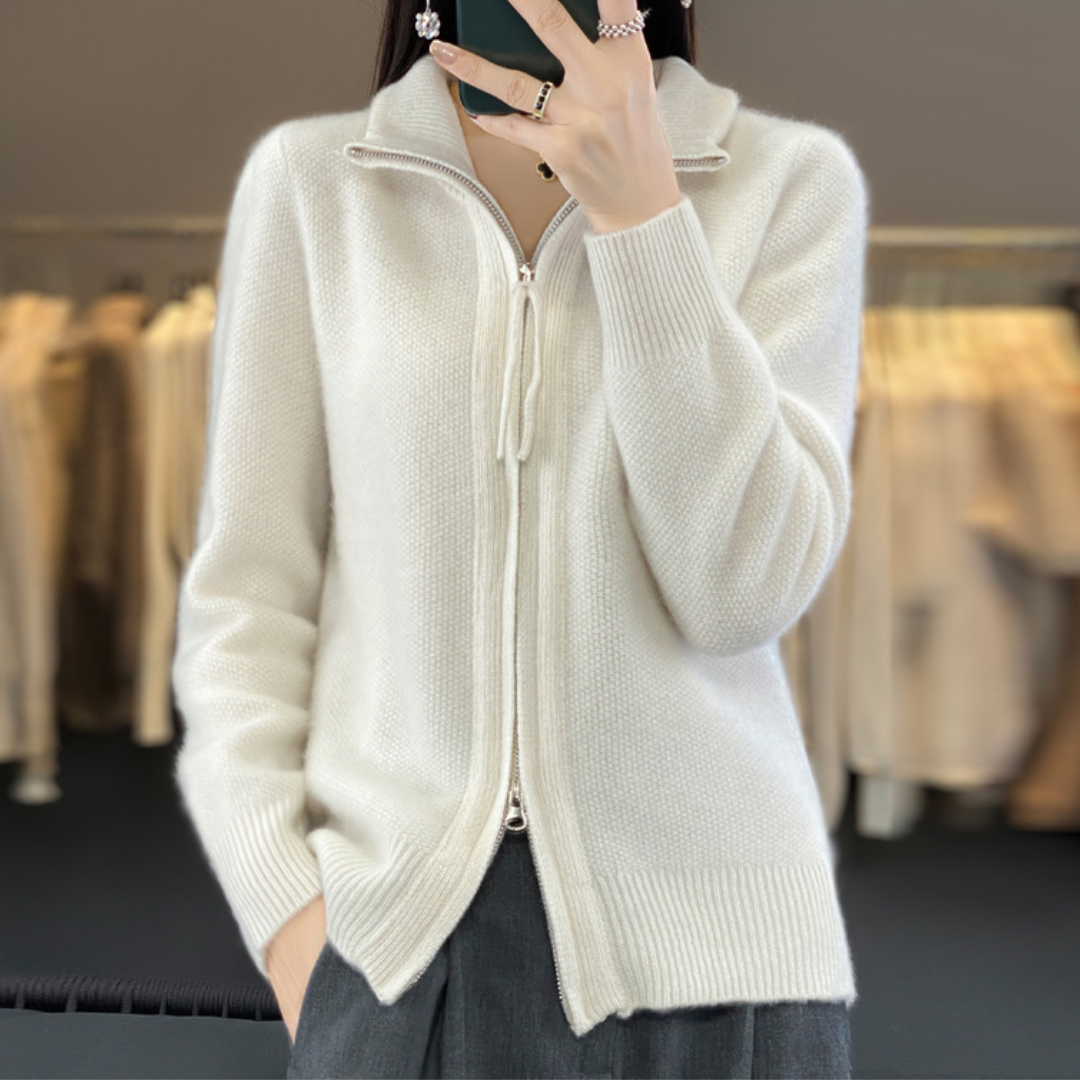 Mock Neck Double Zip Front Ribbed Knit Cardigan