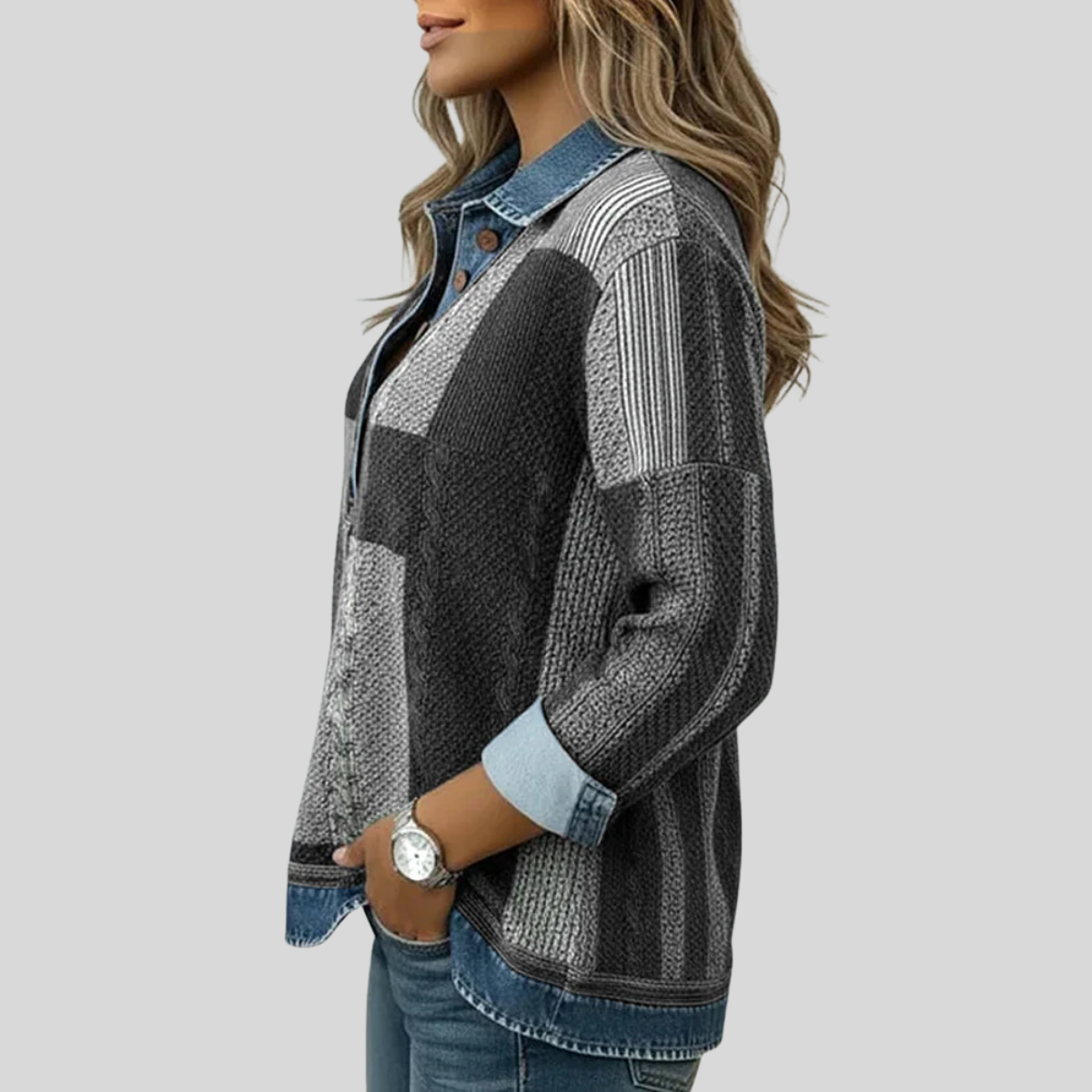 Patchwork Plaid Collared Quarter Button Long Sleeve Knit Pullover