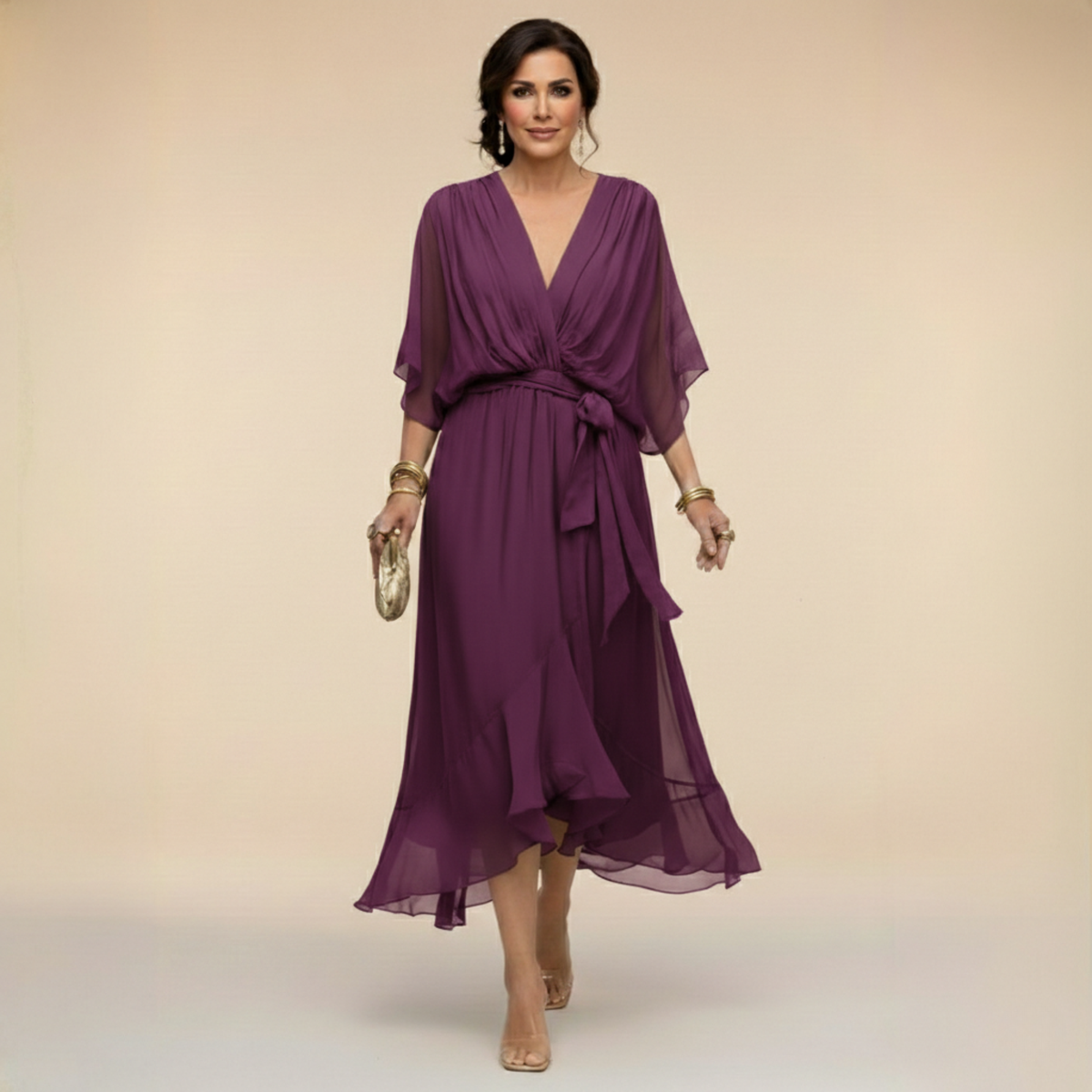 V-Neck Kimono Sleeve Belted Ruffle High Low Midi Dress