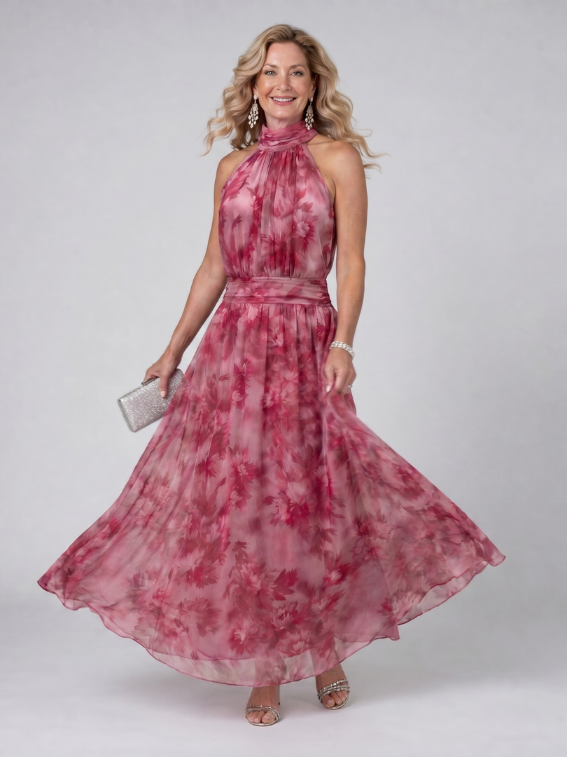 Floral Print Halter Neck Chiffon Maxi Dress