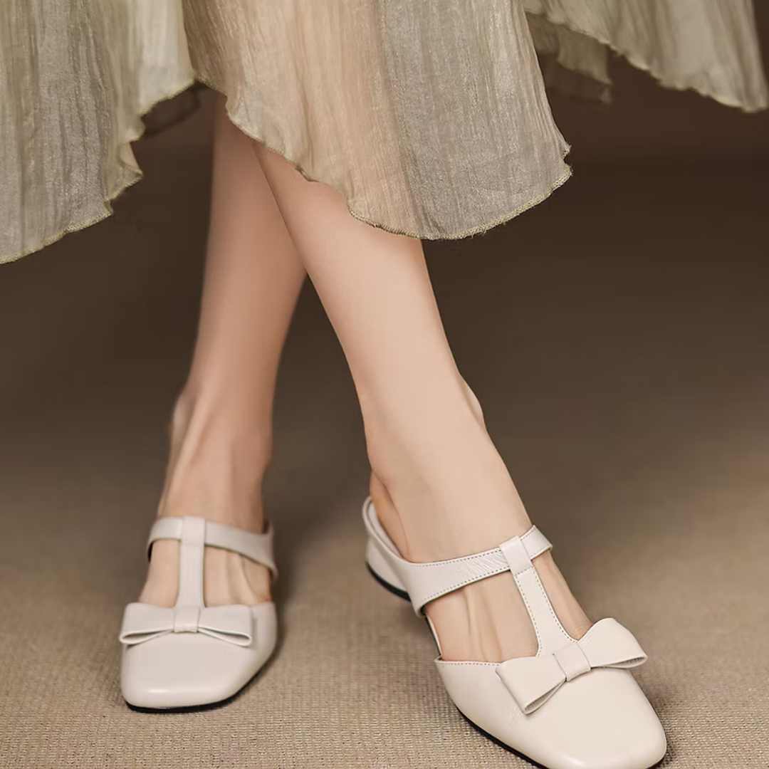 Square Toe Bow T-Strap Flat Mules