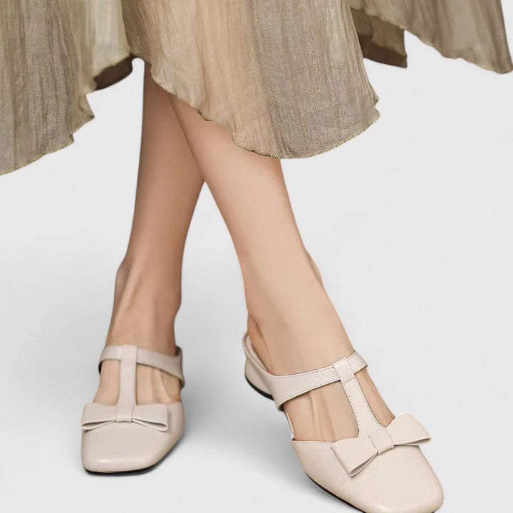 Square Toe Bow T-Strap Low Block Heel Mules