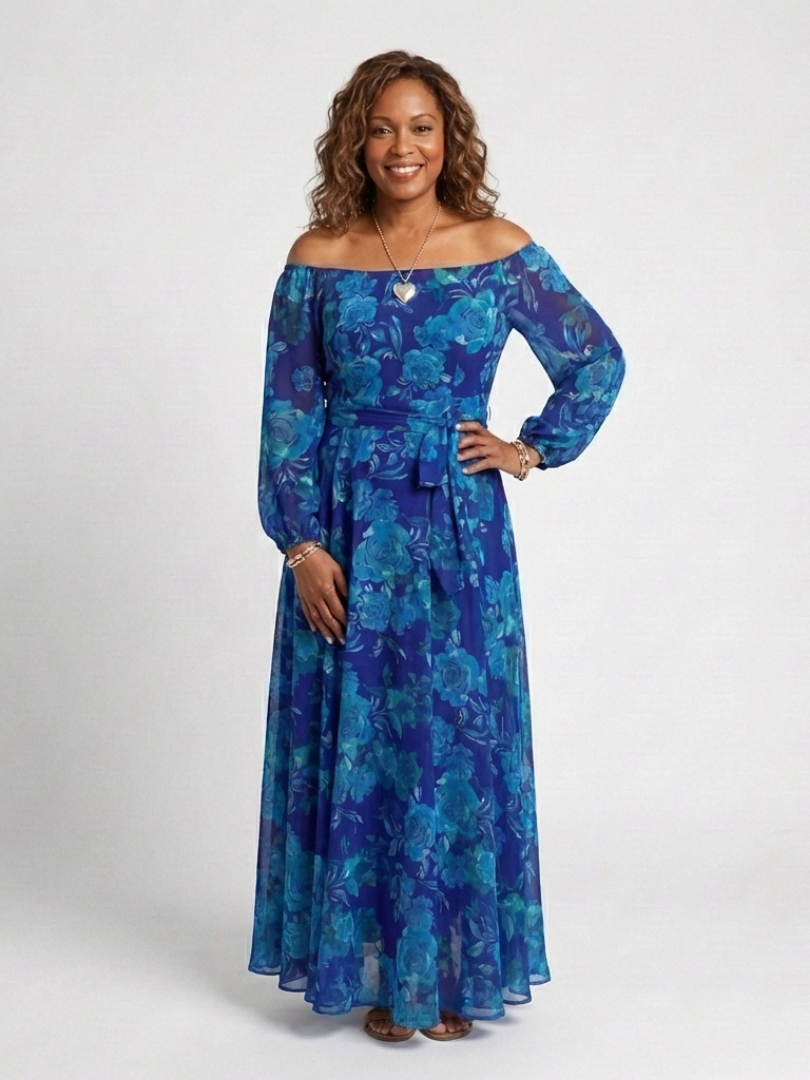 Floral Off Shoulder Long Sleeve Belted Maxi Dress