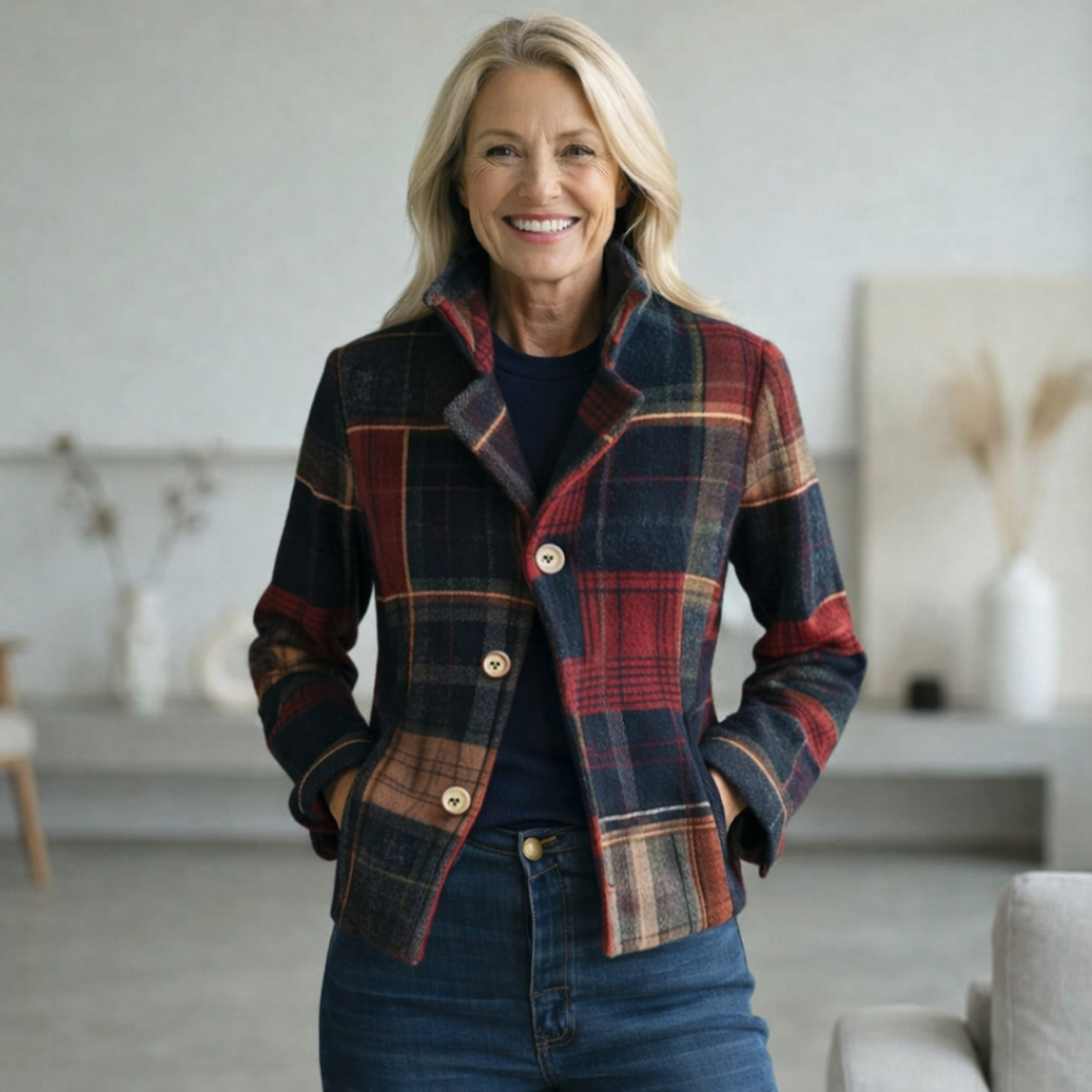 Plaid Notch Lapel Button Front Cropped Jacket