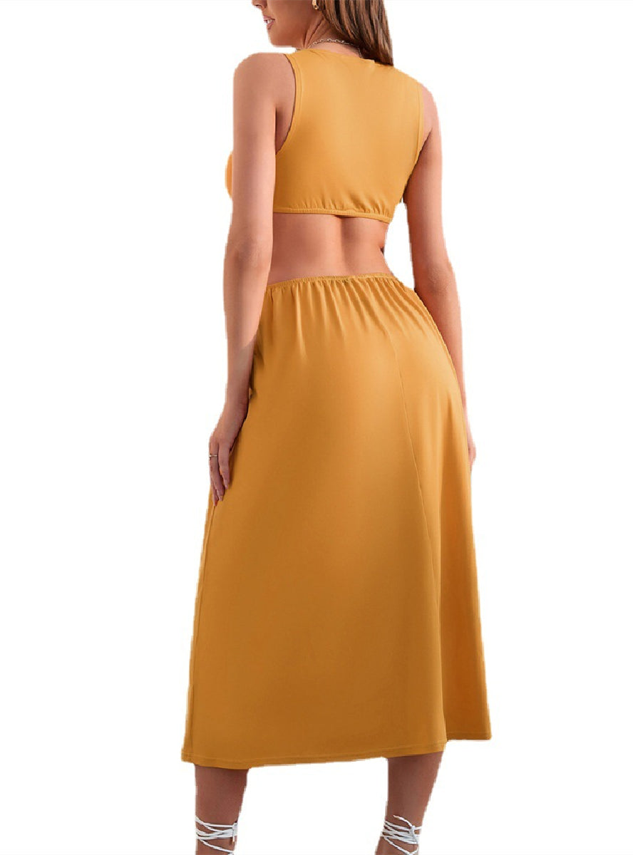 Deep V-Neck Sleeveless Tie Front Cut Out Waist Midi Dress 5