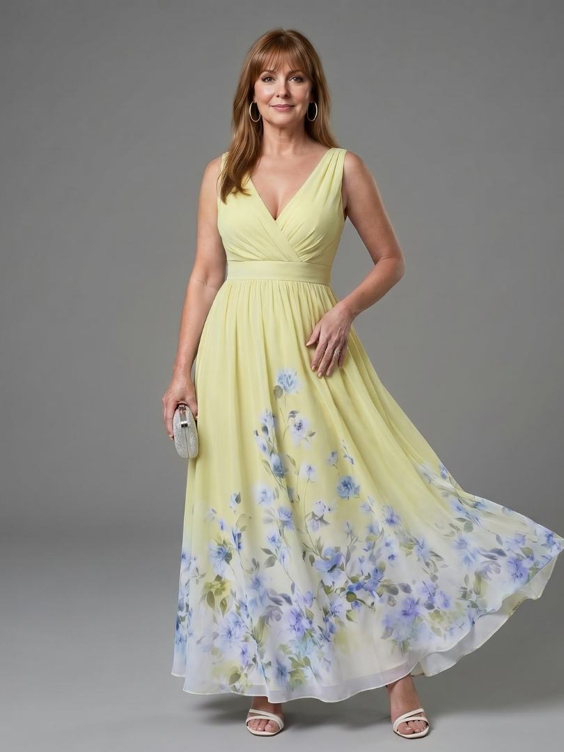 Clarissa | Sleeveless V-Neck Soft Floral Hem Midi Dress