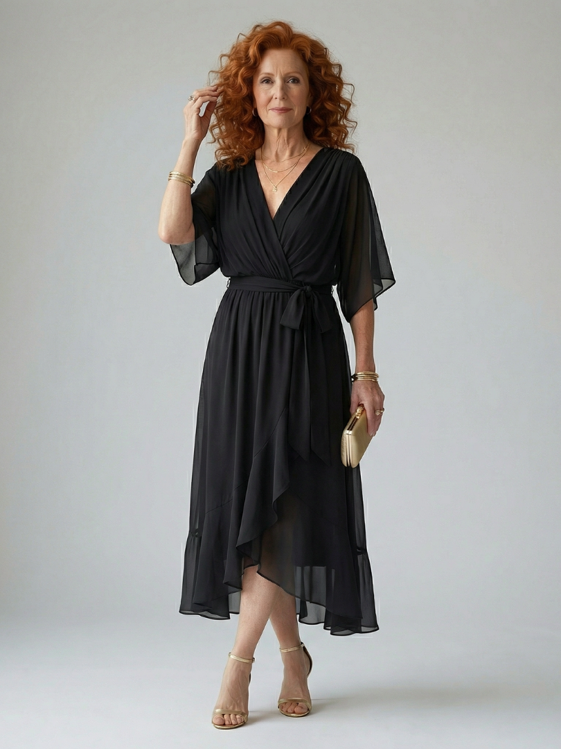 Chiffon V-Neck Kimono Sleeve Belted Ruffle Midi Dress