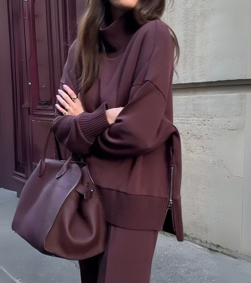 Drop Shoulder Knit Top and Wide Leg Pants Two Piece Set