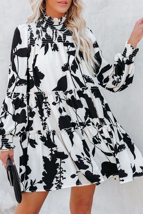 Fresh Season Printed Smocked Mini Dress White