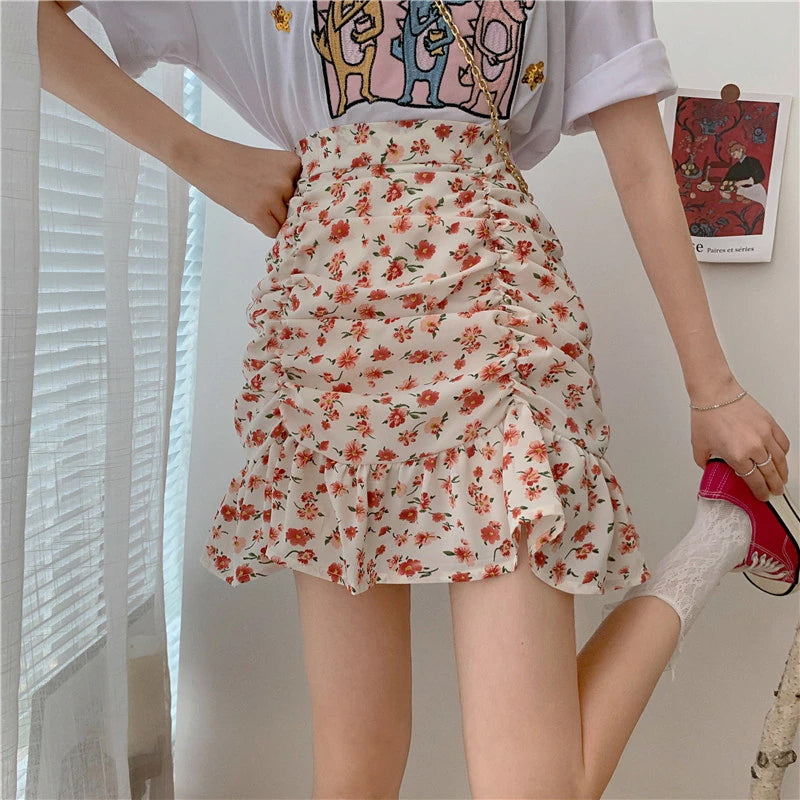 Flowers Pattern Folds Sexy Mini Skirts