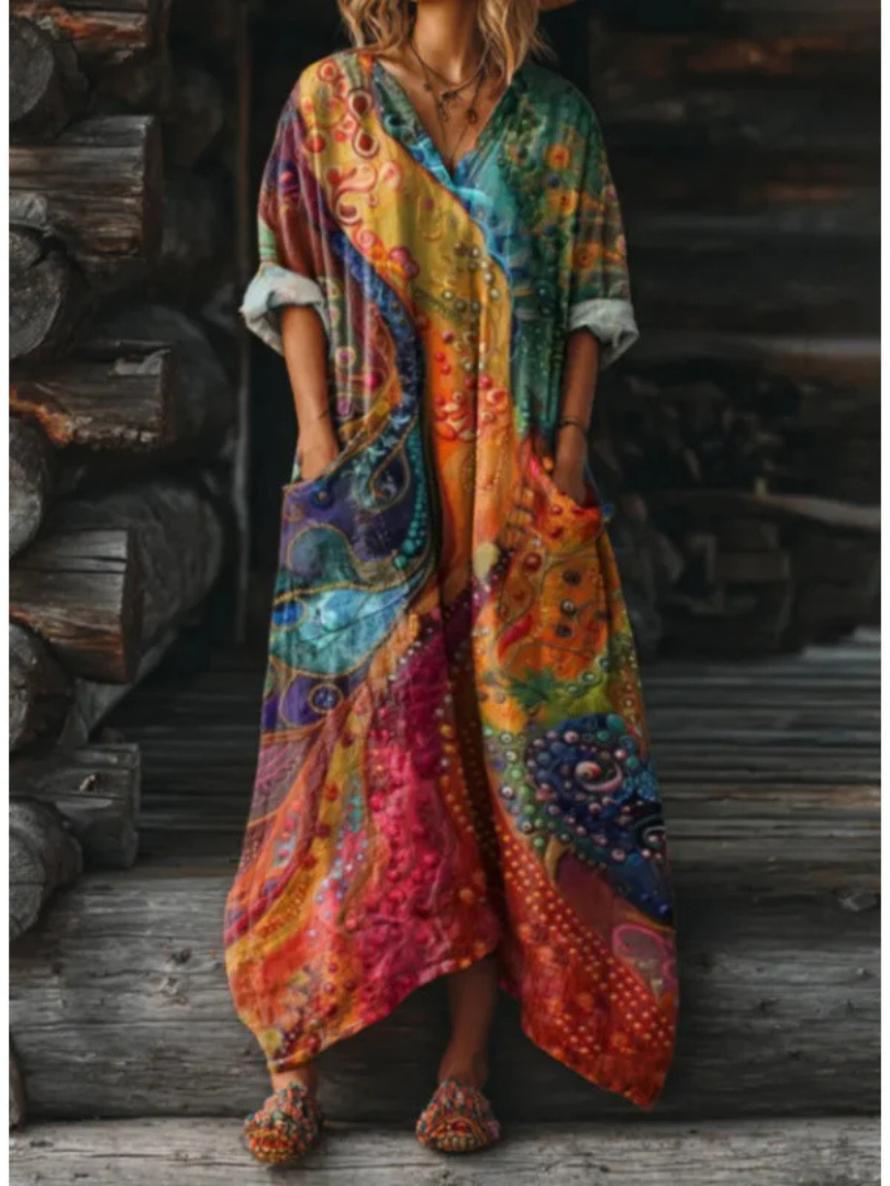 Paisley Floral Long Sleeve Round Neck Maxi Dress