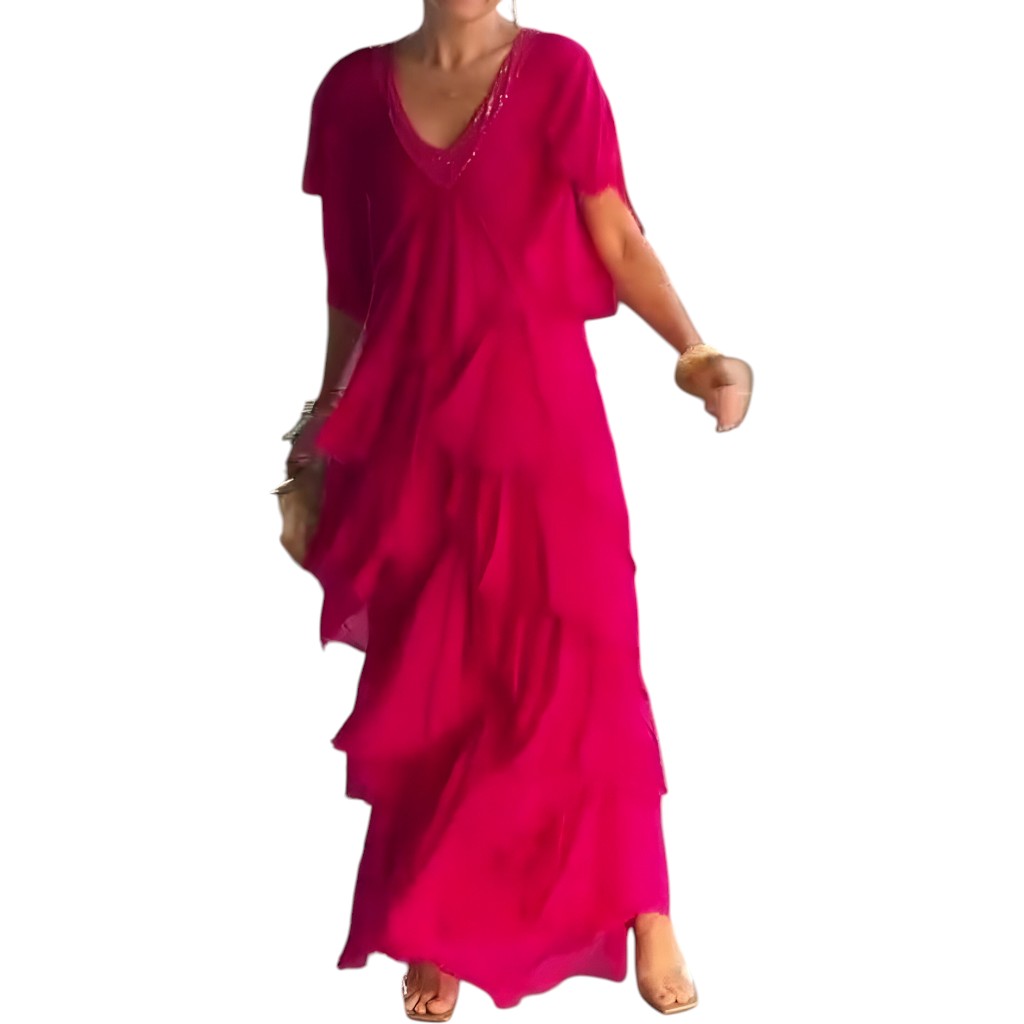 Sheila- Elegant pleated dress with V-neck Fuchsia