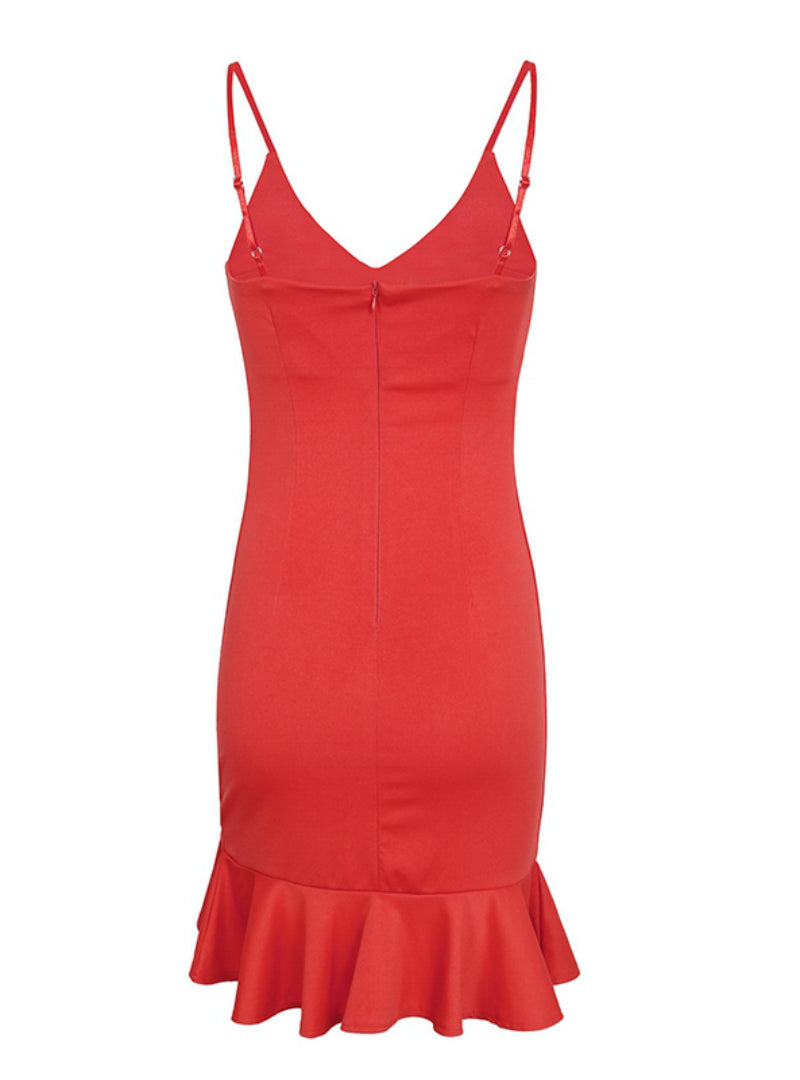 V-Neck Spaghetti Strap Asymmetric Ruffle Hem Bodycon Mini Dress 5