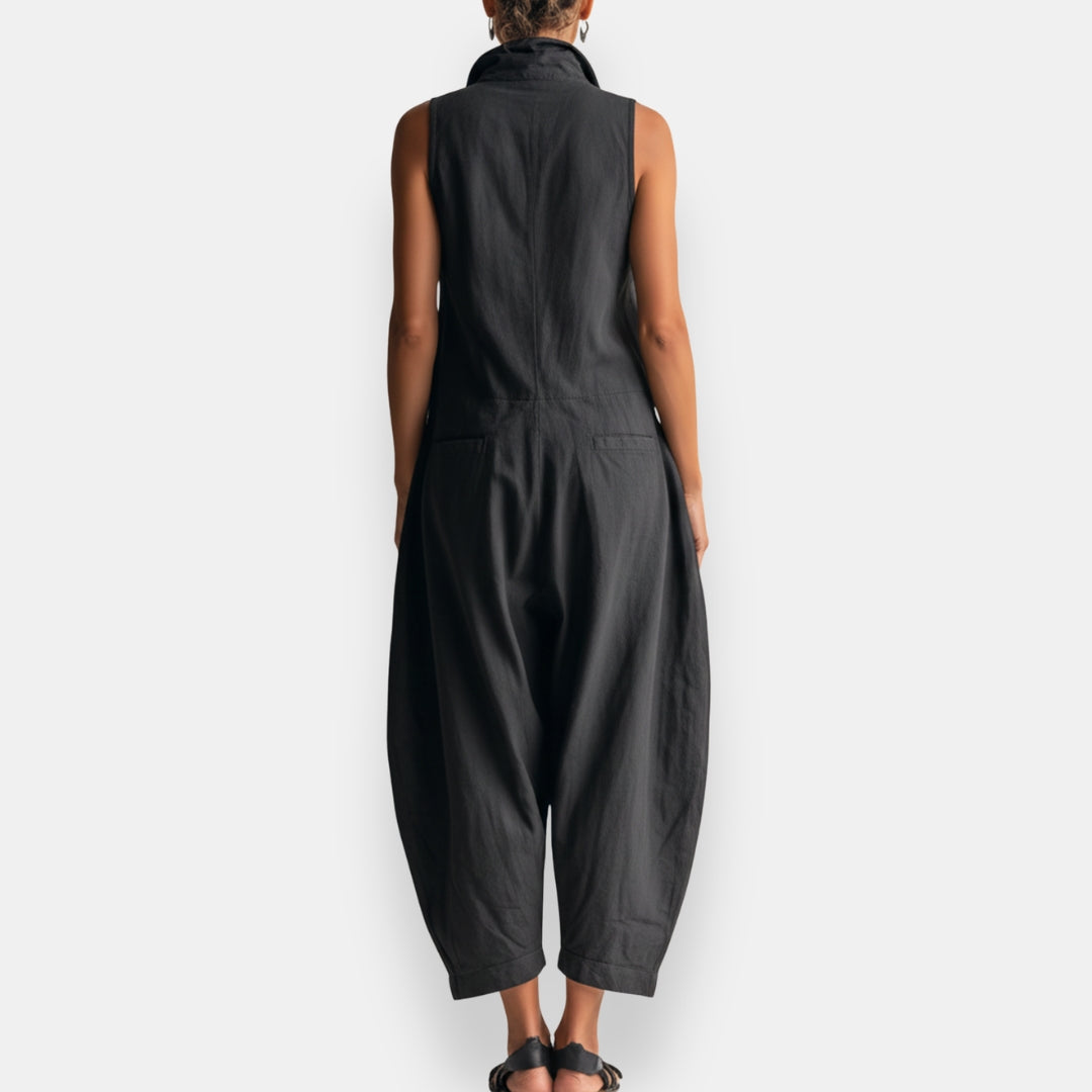 Sleeveless Collared Flap Pocket Wide Leg Cargo Jumpsuit