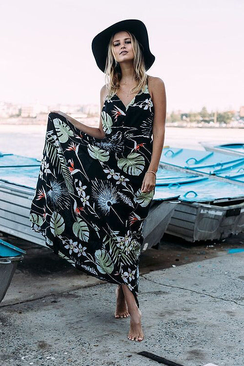 Boho Print Elastic Beach Maxi Dress - 4 Colors Black