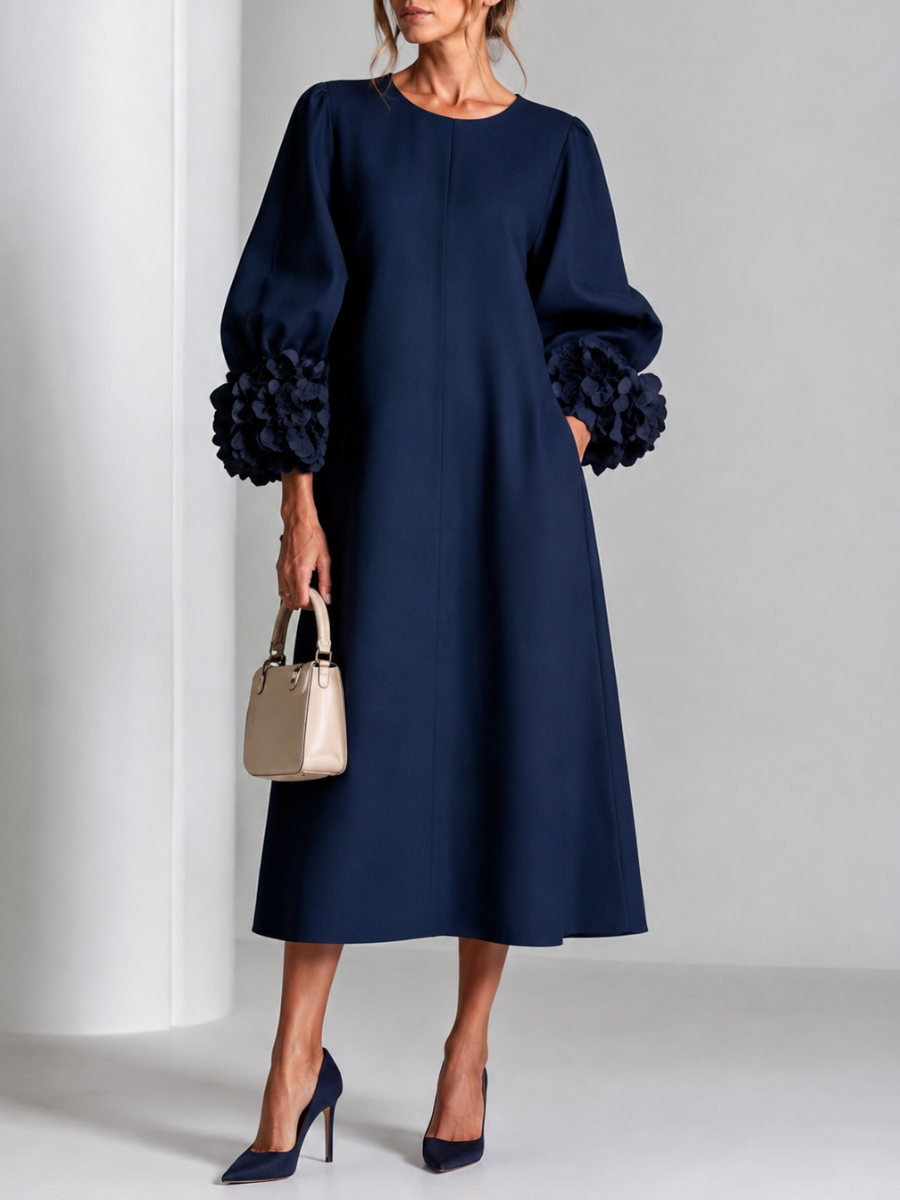 Round Neck Puff Sleeve Floral Applique A-Line Midi Dress
