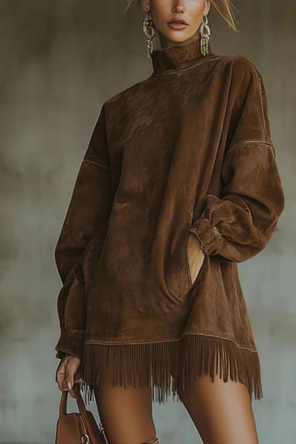 Suede High Neck Long Sleeve Fringe Pocket Mini Dress 6