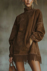 Suede High Neck Long Sleeve Fringe Pocket Mini Dress 6