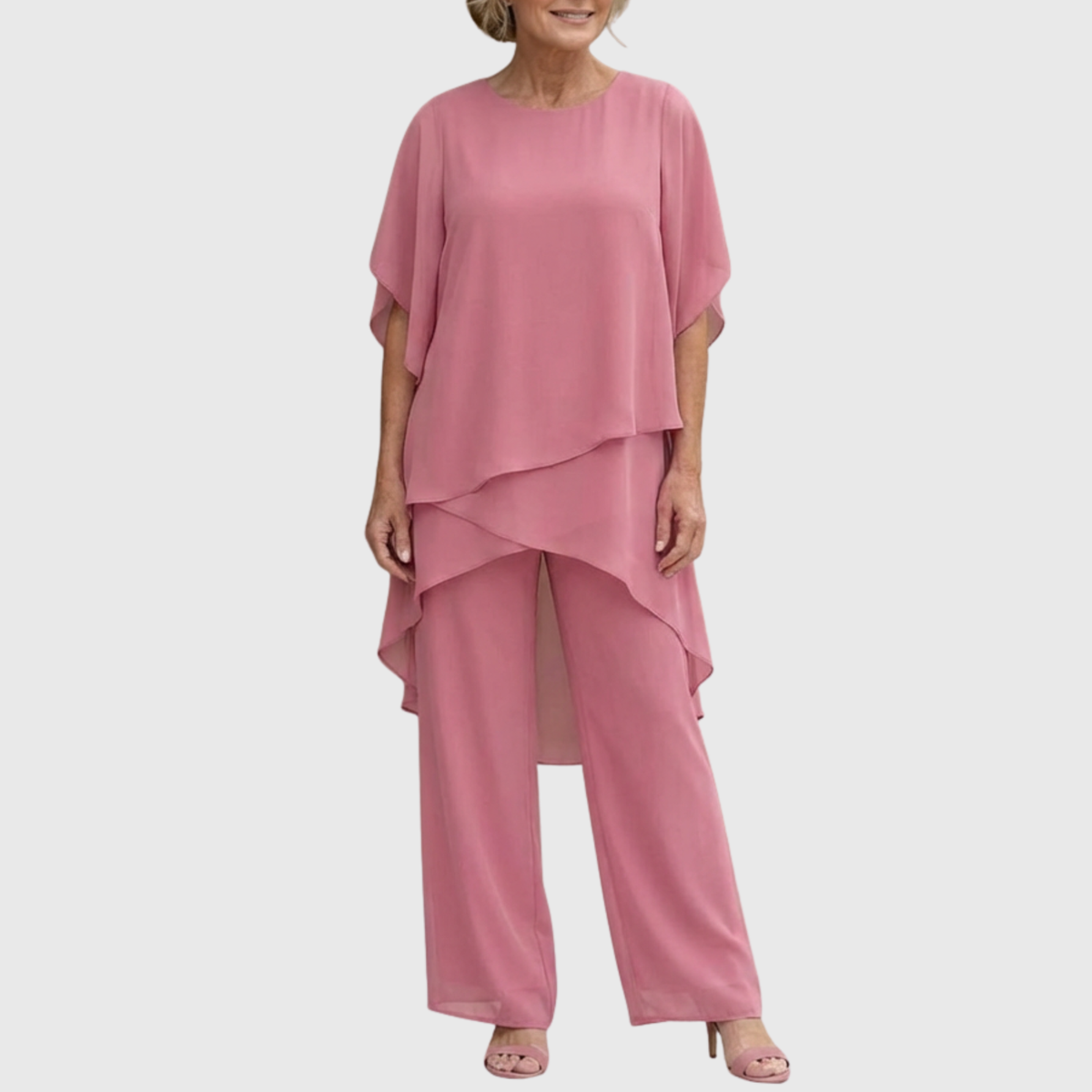 Layered Chiffon Cape Top and Wide Leg Pants Two Piece Set