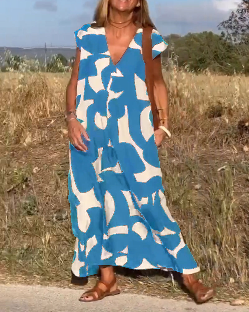 Abstract Print V-Neck Cap Sleeve Oversized Maxi Dress