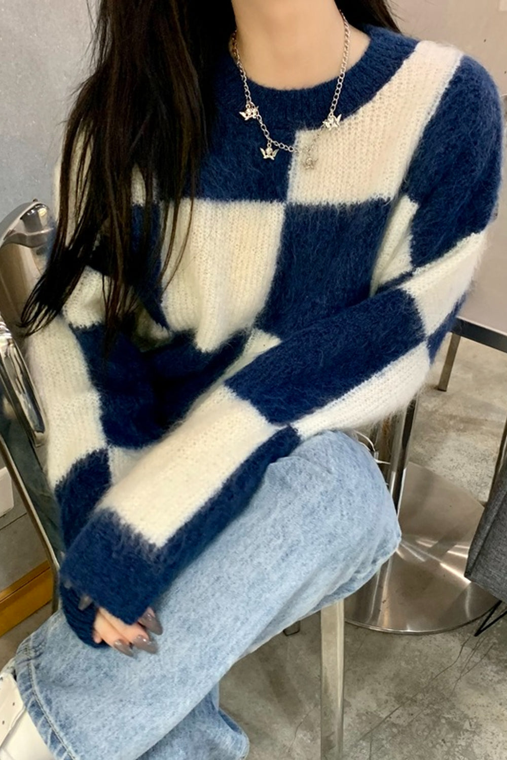 Blue Plaid O-Neck Knitted Sweater