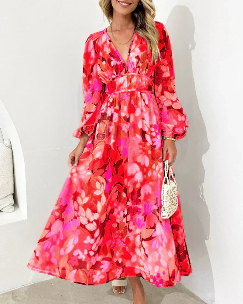 Floral Print V-Neck Long Sleeve Belted Maxi Dress