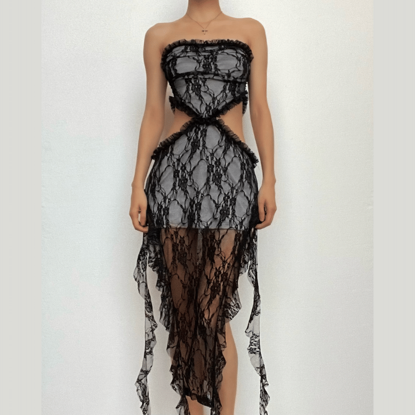 Strapless Lace Ruffle Trim Cut Out Sheer Asymmetric Hem Midi Dress