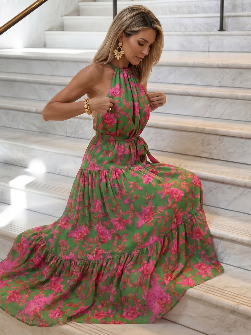 Floral Print Halter Neck Tiered Maxi Dress