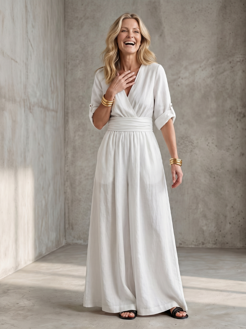 V-Neck Wrap Front Half Sleeve Wide Leg Jumpsuit