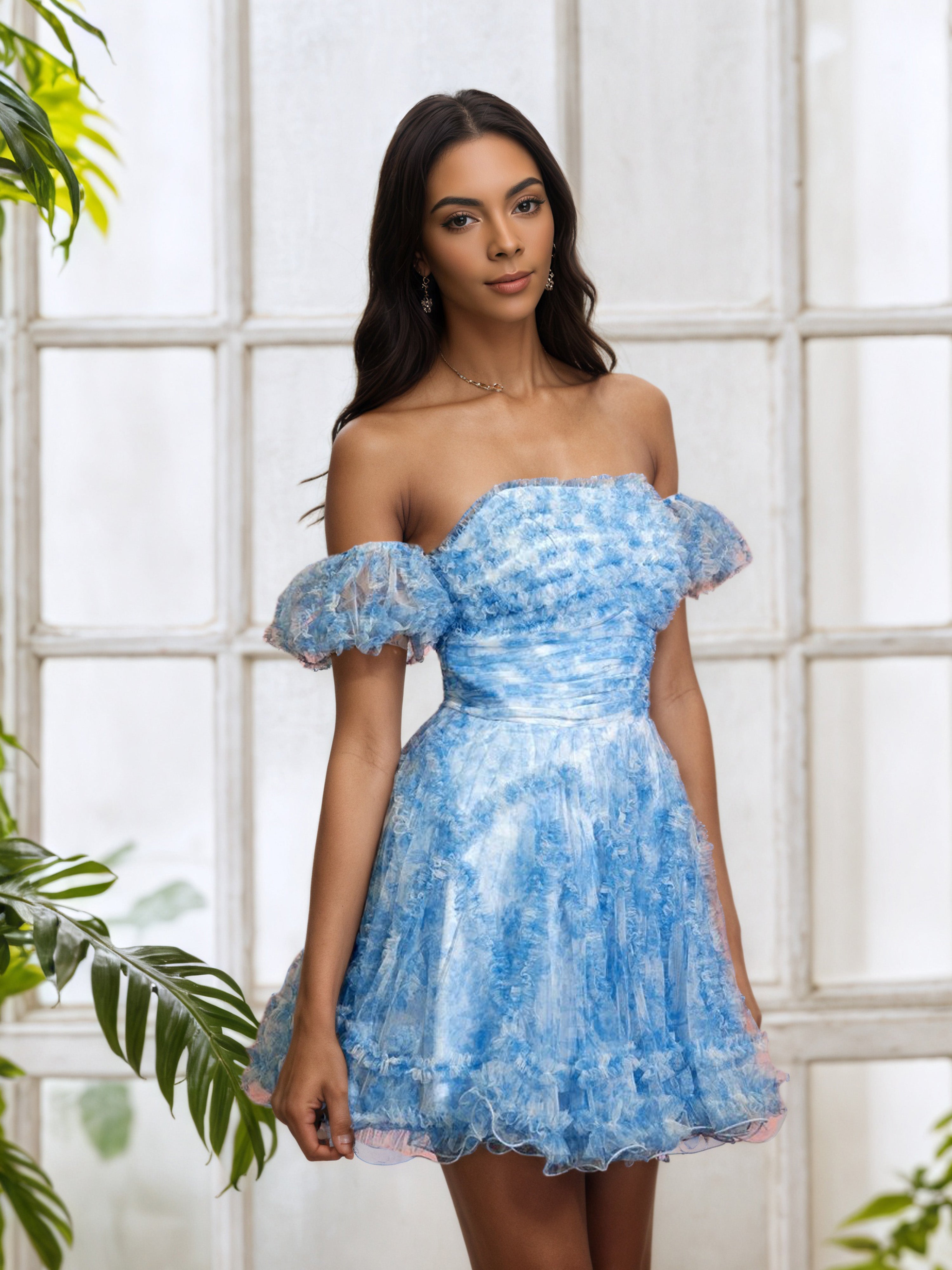 Illusion Sky Blue Off The Shoulder Tulle Homecoming Dress