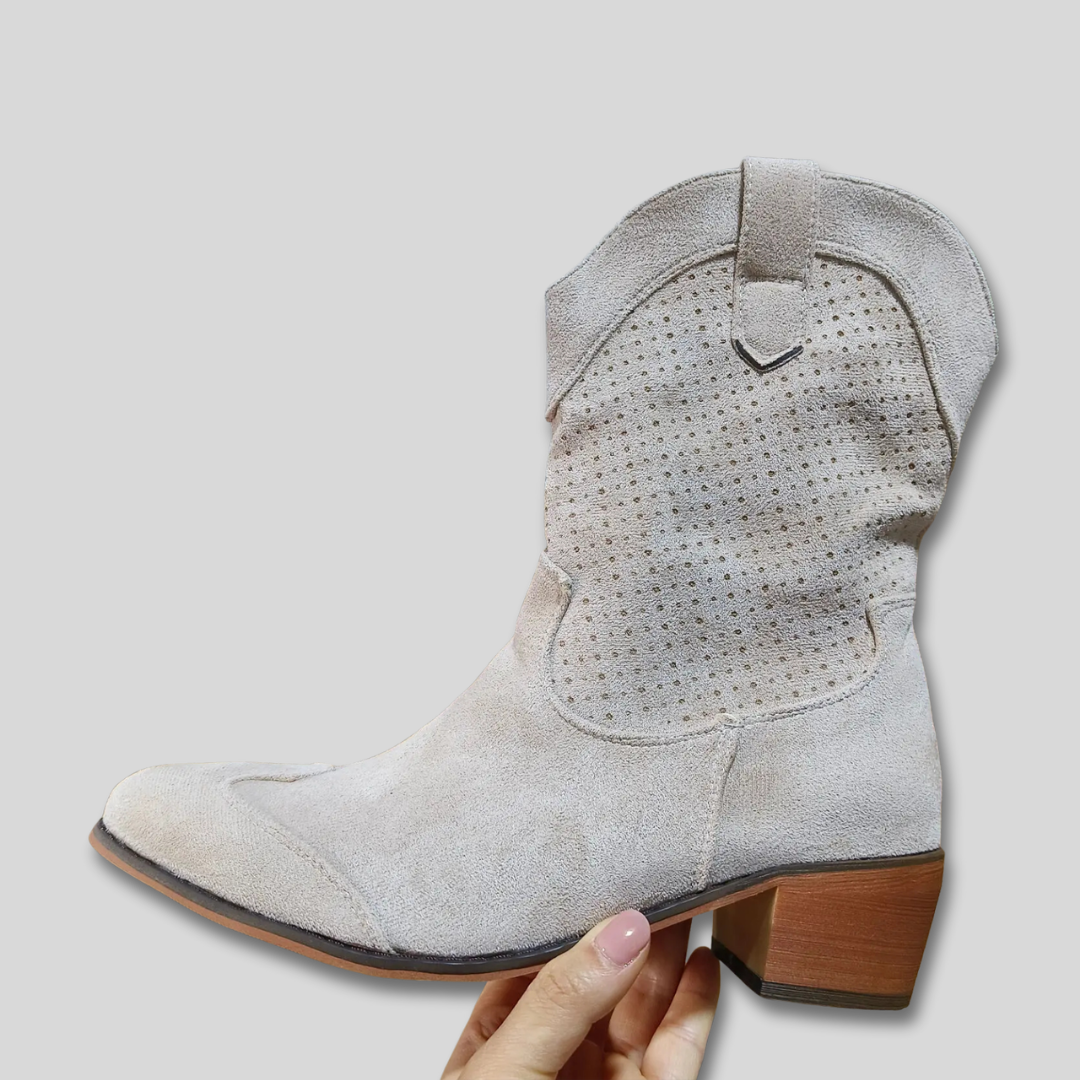 Perforated Suede Look Block Heel Western Mid Calf Boots