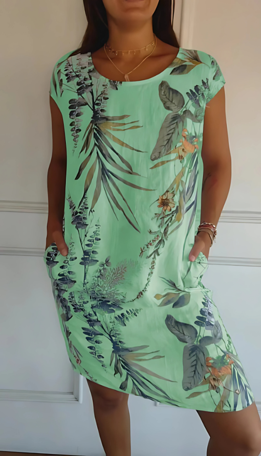 Iris - Casual Loose-Fit Knee-Length Printed Dress Green